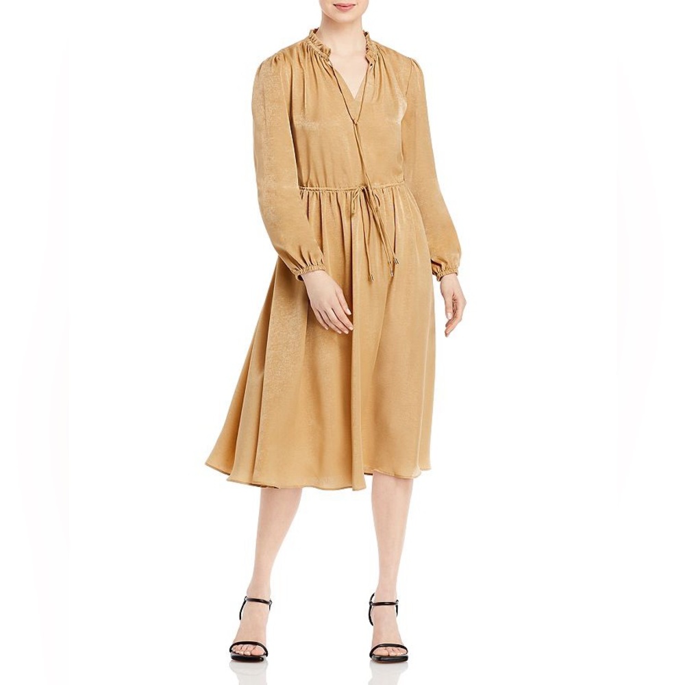 T Tahari Tie Front A Line Midi Dress Ruffled Tie V-neck Drawstring M Yellow Gold